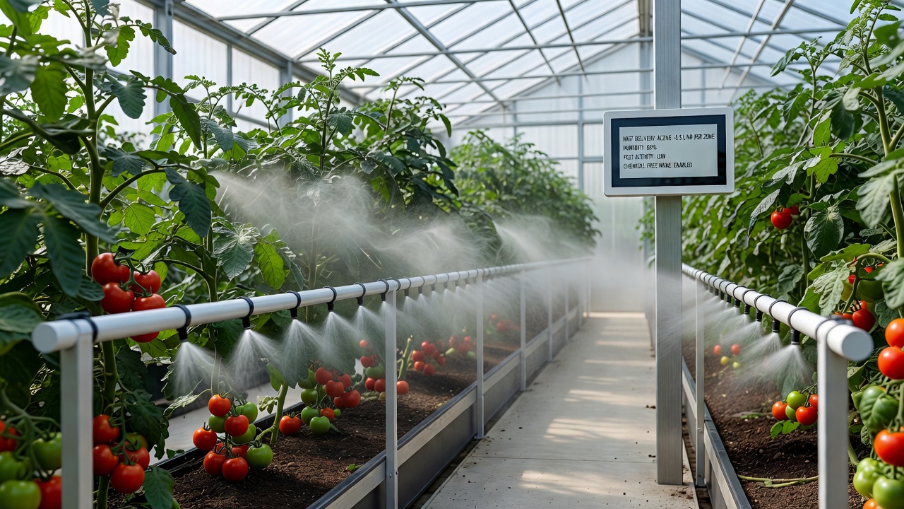 Close-up view of modified mist nozzle applying fine water droplets to tomato leaves in a greenhouse setting