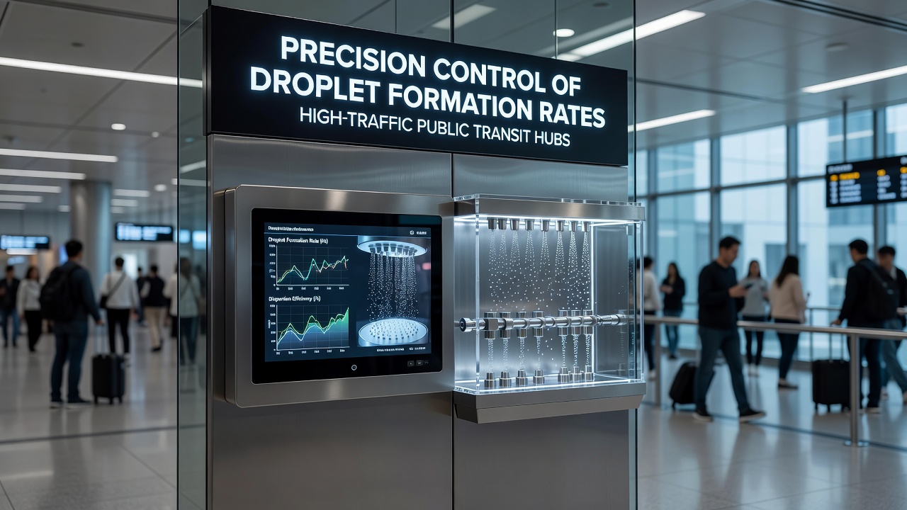 Close-up view of sensor array monitoring droplet size distribution and flow rates inside a high-volume transit concourse