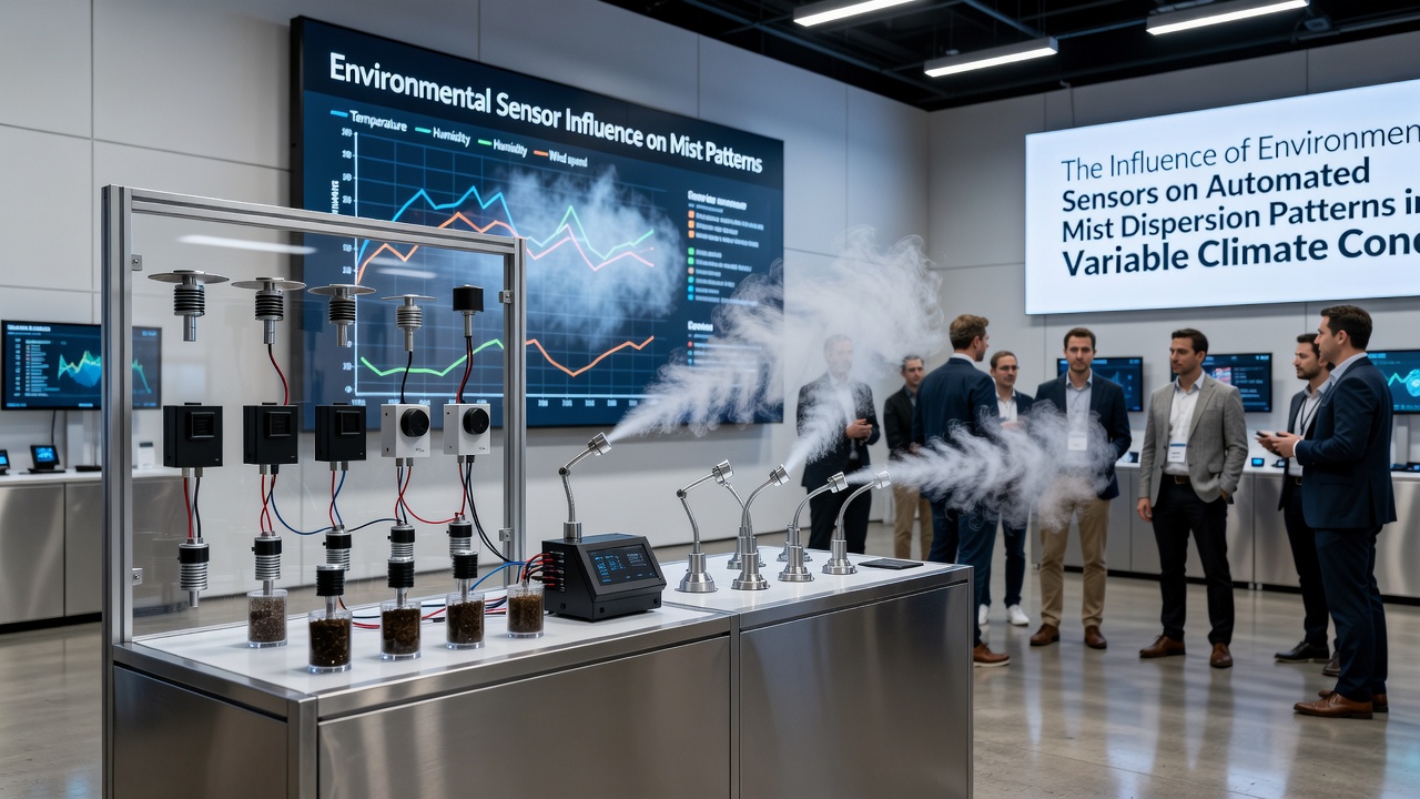 Close-up view of automated mist nozzles adjusting spray patterns based on real-time environmental sensor readings